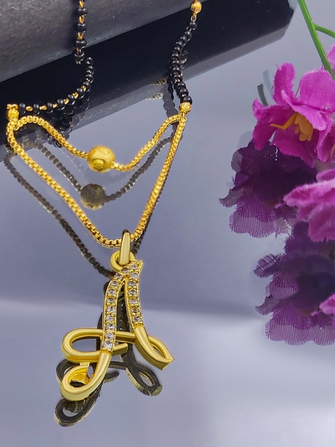 

Saizen Women Gold-Plated White AD-Studded & Black Beaded A-Charm Mangalsutra