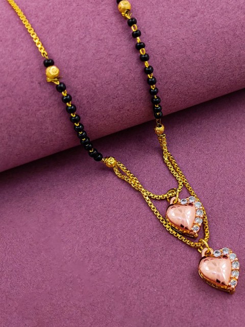 

Saizen Gold-Plated Black Beaded AD-Studded Heart Mangalsutra