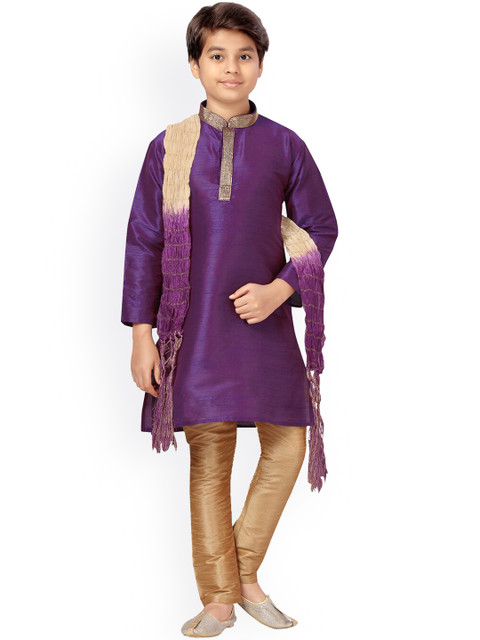

Aarika Boys Purple Pure Silk Kurta with Churidar & Dupatta