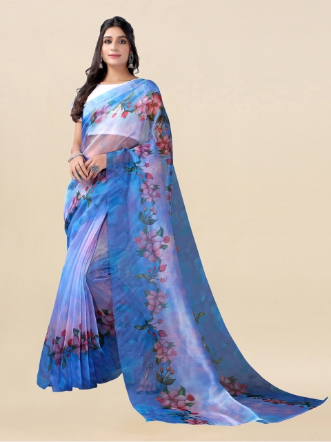 

KALINI Blue & Rose Floral Organza Saree