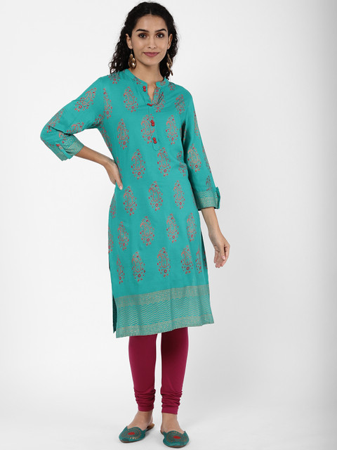 

R&B Women Blue Ethnic Motifs Printed Rolled Up Sleeves Kurta