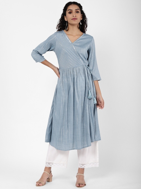 

R&B Women V-neck Regular Sleeve Blue Striped Tie-up Kurta