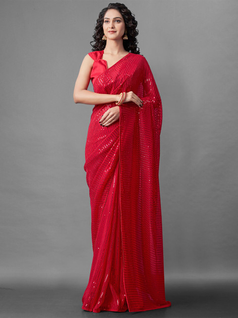 

BESUCHER Red Embellished Sequinned Pure Georgette Saree
