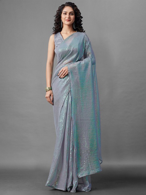 

BESUCHER Women Grey Embellished Sequinned Pure Georgette Saree