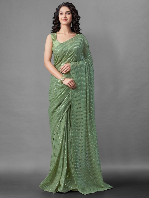 

BESUCHER Olive Green Embellished Sequinned Pure Georgette Saree
