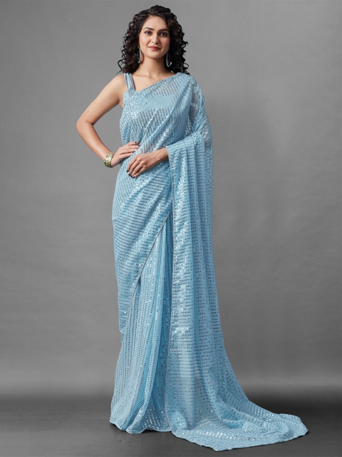 

BESUCHER Blue Embellished Sequinned Pure Georgette Saree
