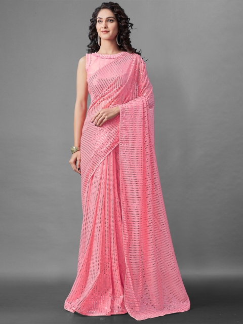 

BESUCHER Pink Embellished Sequinned Pure Georgette Saree