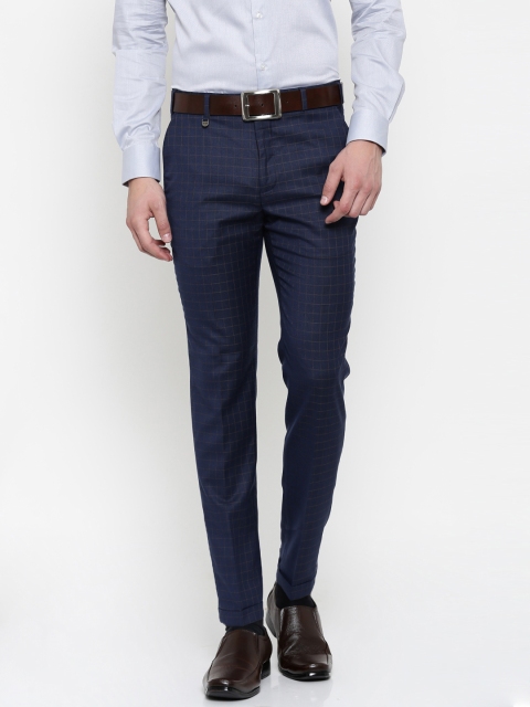 

Park Avenue Men Navy & Beige Checked Neo Tapered Fit Formal Trousers, Navy blue