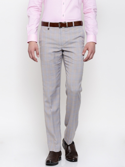 

Park Avenue Men Grey & Blue Smart Slim Fit Checked Formal Trousers