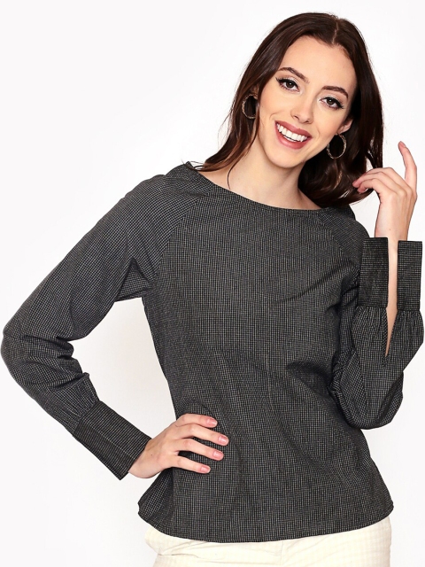 

250 DESIGNS Women Green Checked Monochrome Top
