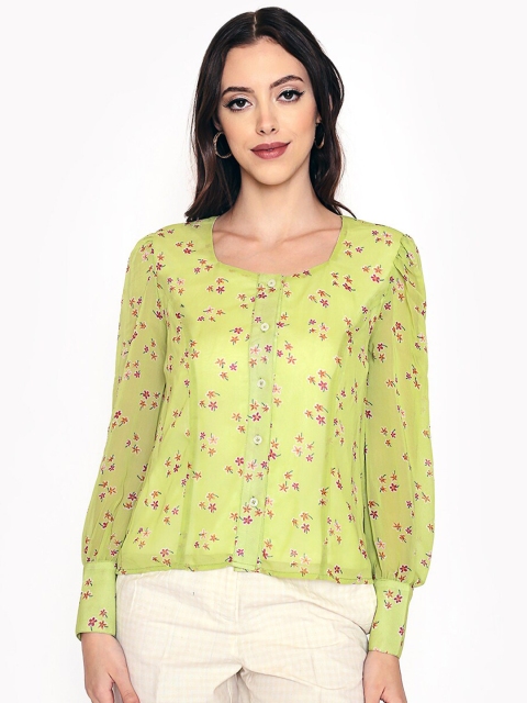 

250 DESIGNS Women Green Floral Print Georgette Top