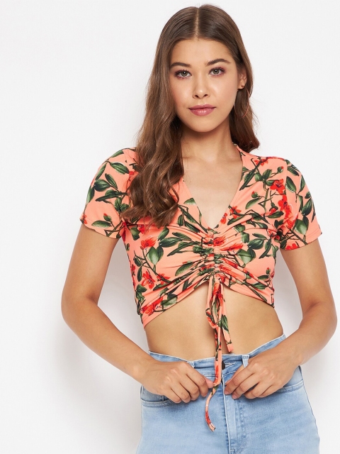 

Uptownie Lite Women Peach-Coloured & Green Floral Print Crop Top