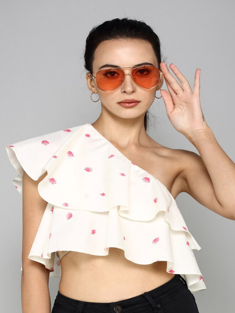

aturabi Women White & Red Print One Shoulder Crop Top