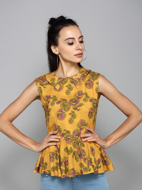 

aturabi Yellow Floral Print Peplum Top