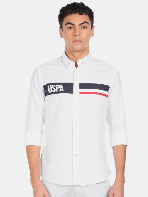 

U S Polo Assn Men White Button Down Stripe Chest Casual Shirt