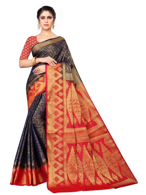 

MOKSHA DESIGNS Red & Blue Woven Design Zari Pure Silk Banarasi Saree