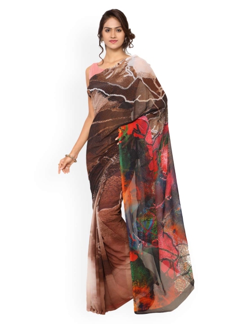 

Ligalz Brown Printed Poly Georgette Saree