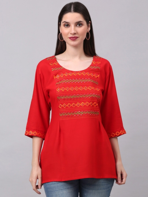 

NEUDIS Red Geometric Embroidered Mirror Work Kurti