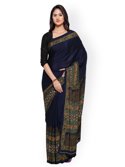 

Ligalz Navy Poly Crepe Printed Saree, Navy blue