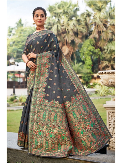 

elora Grey & Green Floral Silk Blend Banarasi Saree