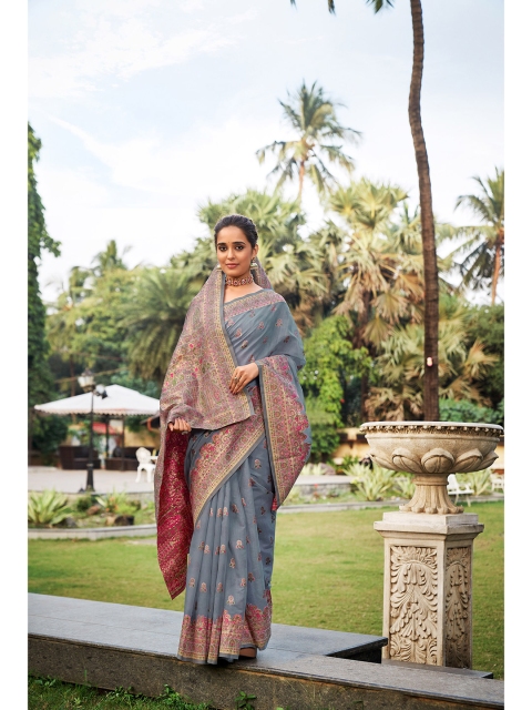 

elora Grey & Pink Woven Design Zari Silk Blend Banarasi Saree