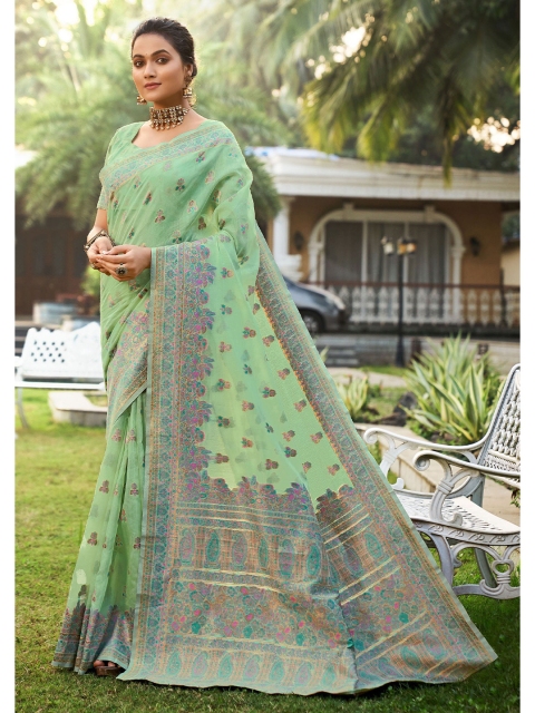 

elora Green & Pink Floral Silk Blend Banarasi Saree