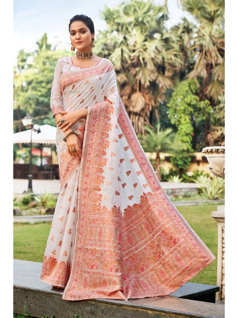 

elora White & Pink Woven Design Zari Silk Blend Banarasi Saree