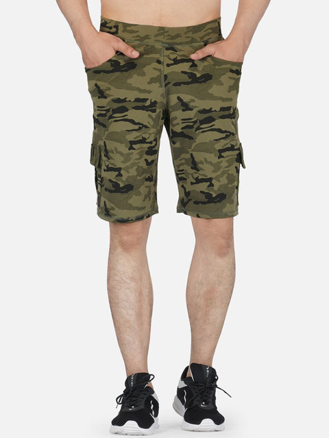 

IMPERATIVE Men Olive Green Camouflage Printed Running Shorts