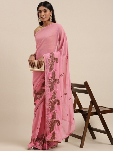 

HRITIKA Pink & Gold-Toned Embellished Beads and Stones Saree