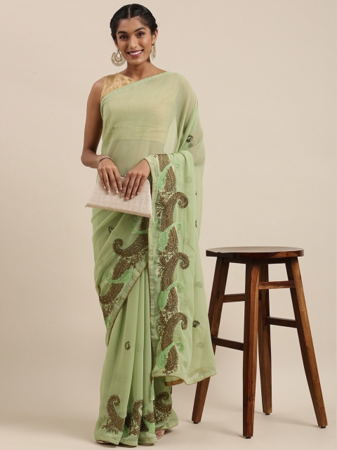 

HRITIKA Green & Gold-Toned Paisley Beads and Stones Saree