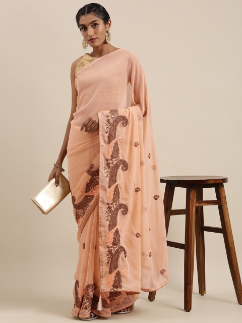 

HRITIKA Cream-Coloured & Gold-Toned Ethnic Motifs Beads and Stones Saree