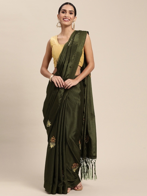 

HRITIKA Olive Green & Orange Floral Embroidered Saree