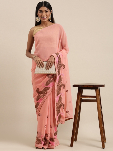 

HRITIKA Peach-Coloured & Gold-Toned Ethnic Motifs Beads and Stones Saree