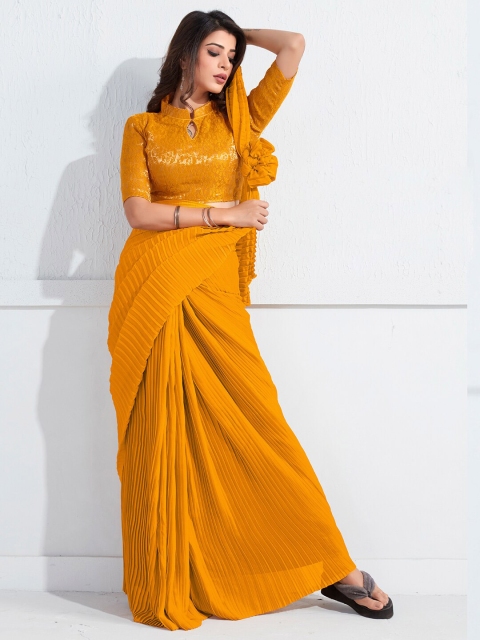 

HRITIKA Mustard Pleated Rangoli Crush Silk Blend Saree