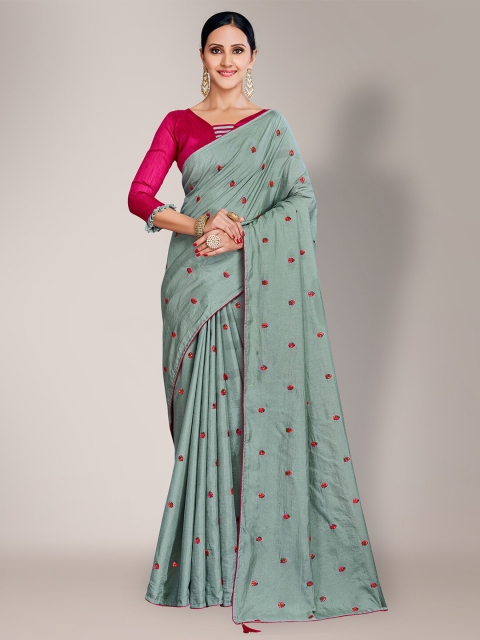 

HRITIKA Grey & Red Floral Embroidered Silk Blend Saree