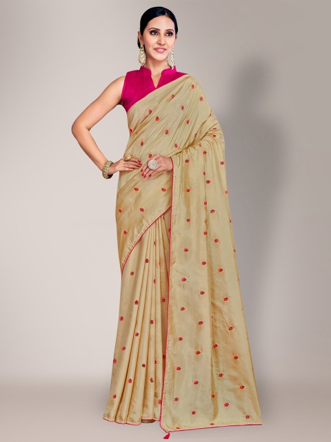 

HRITIKA Beige & Pink Floral Embroidered Silk Blend Saree