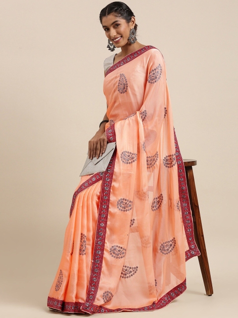 

HRITIKA Peach-Coloured Ethnic Motifs Beads and Stones Saree
