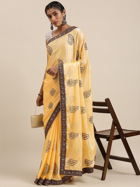 

HRITIKA Yellow & Grey Paisley Embroidered Saree
