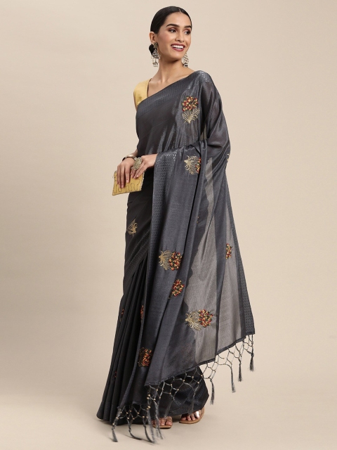 

HRITIKA Grey & Red Floral Embroidered Saree