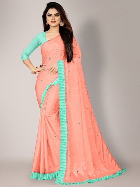 

HRITIKA Peach-Coloured & Green Embellished Mirror Work Pure Chiffon Saree