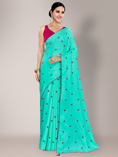 

HRITIKA Sea Green & Pink Floral Embroidered Silk Blend Saree