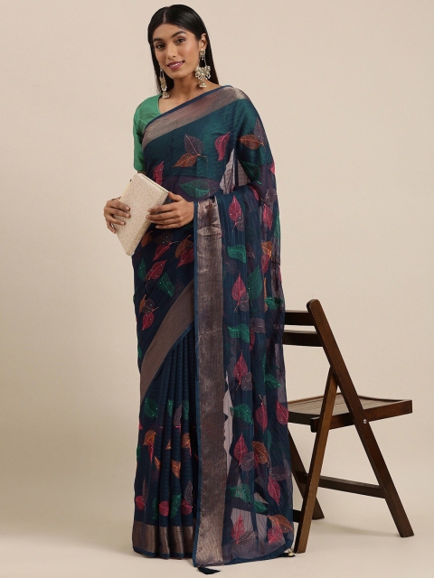 

HRITIKA Navy Blue & Green Floral Embroidered Saree