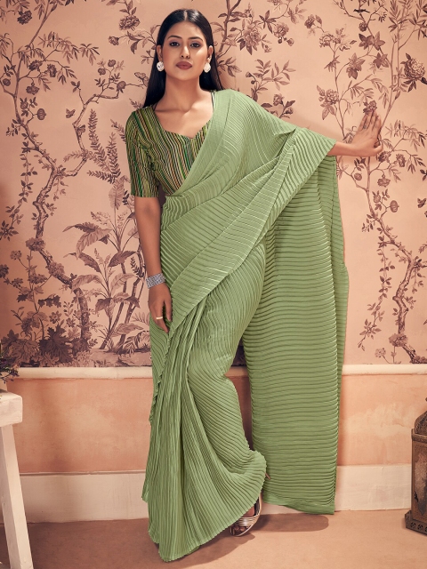 

HRITIKA Green Pleated Silk Blend Saree