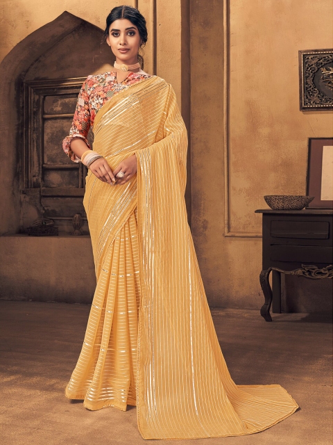 

HRITIKA Cream-Coloured & Gold-Toned Embellished Gotta Patti Saree