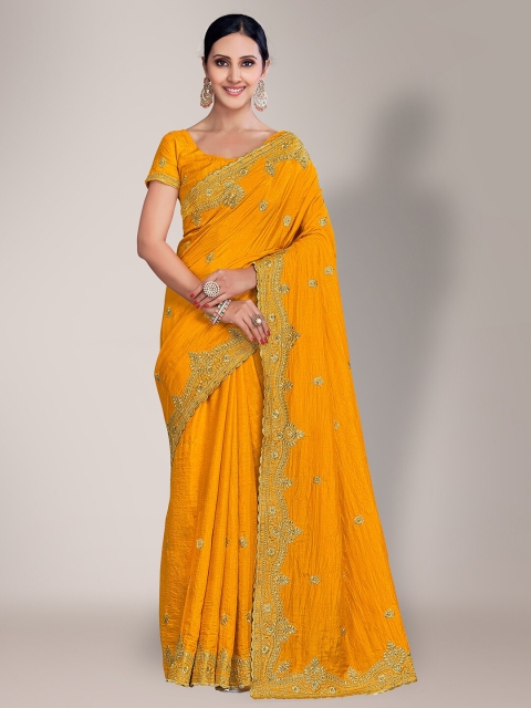 

HRITIKA Yellow & Gold-Toned Ethnic Motifs Zari Silk Blend Saree