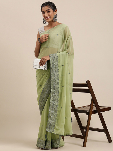 

HRITIKA Women Green Georgette Ethnic Motifs Embroidery Saree