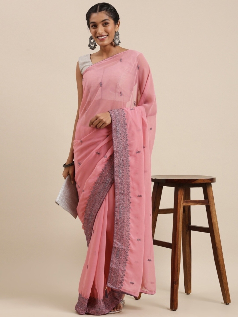 

HRITIKA Pink Ethnic Motifs Embroidered Saree