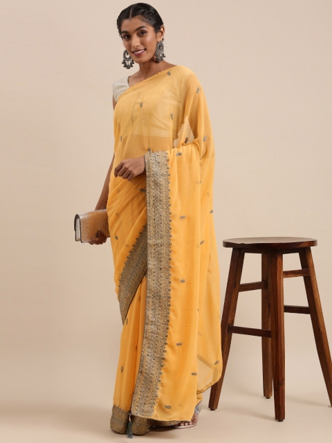 

HRITIKA Yellow & Gold-Toned Ethnic Motifs Embroidered Saree