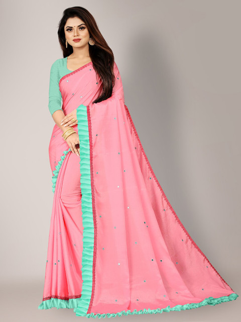 

HRITIKA Pink & Green Embellished Mirror Work Pure Chiffon Saree