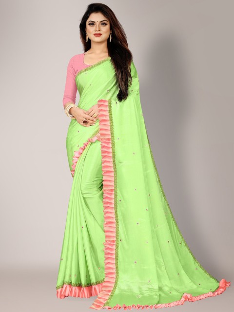 

HRITIKA Green Embellished Mirror Work Pure Chiffon Saree